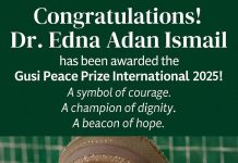 Dr. Edna Aadan Ismaaciil Oo Ku Guuleysatay Abaal-Marinta Caalamiga Ah Ee Gusi Peace Prize 2025